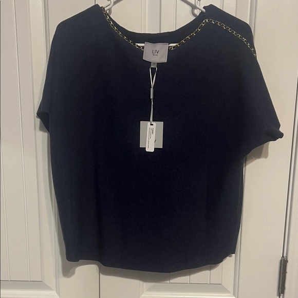 LIV Navy Short Sleeve Top with Gold Chain Detail - Picture 1 of 2